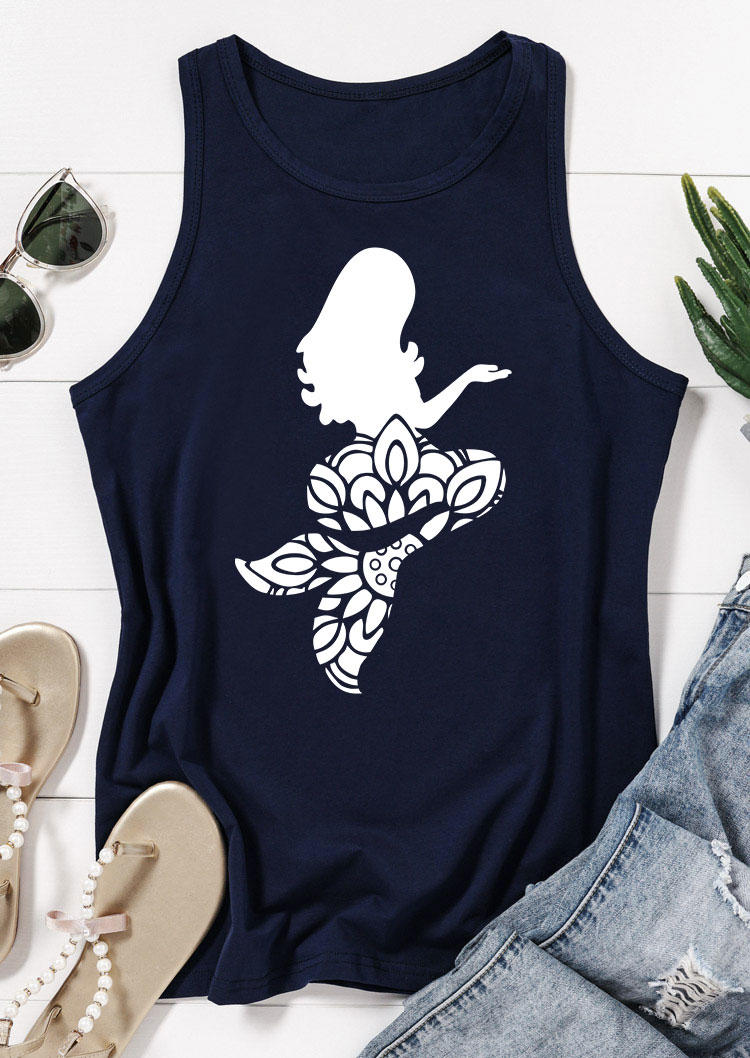 Tank Tops Floral Mermaid O-Neck Tank Top - Navy Blue in Blue. Size: S,XL