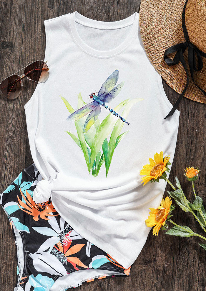

Tank Tops Dragonfly Grass O-Neck Casual Tank Top in White. Size