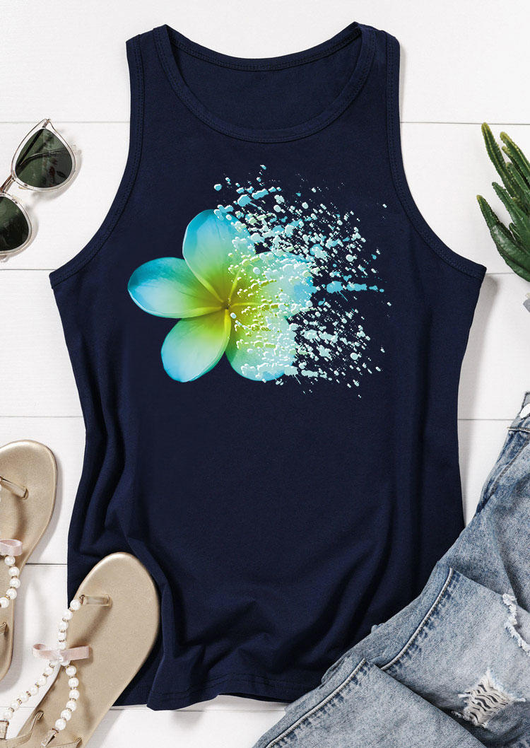 Tank Tops Floral Water Drop O-Neck Tank Top - Navy Blue in Blue. Size: M,XL