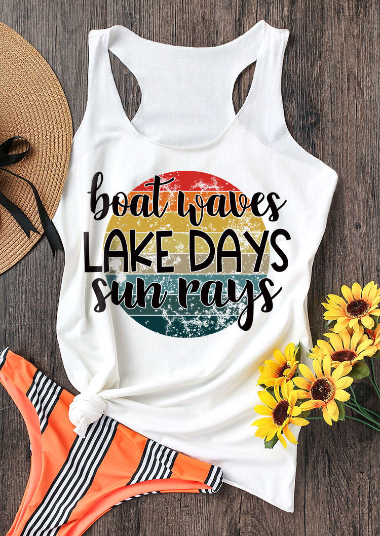 

Tank Tops Boat Waves Lake Days Sun Rays Racerback Tank Top in White. Size