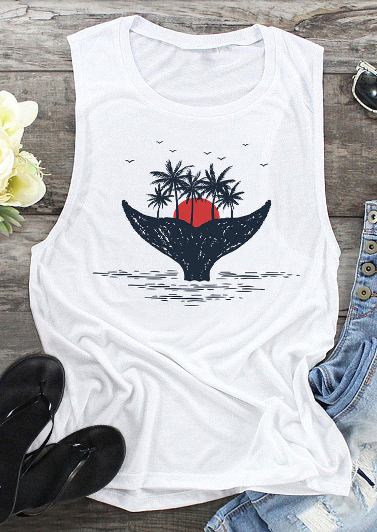 Tank Tops Coconut Tree Sunset Fish Tail O-Neck Tank Top in White. Size: M