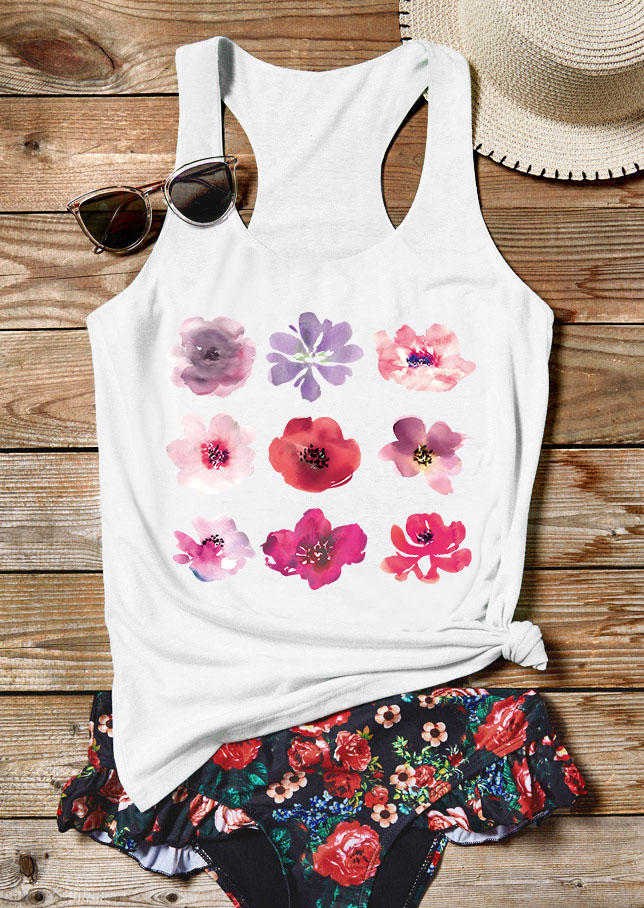 

Tank Tops Colorful Floral O-Neck Racerback Tank Top in White. Size