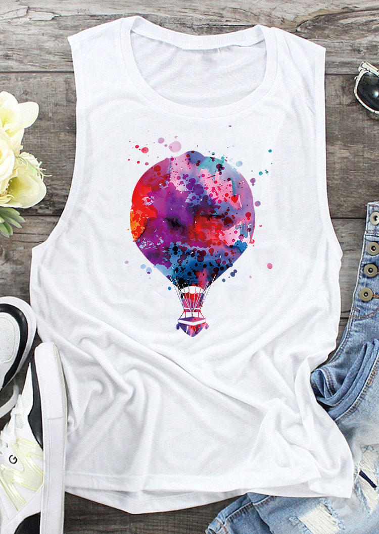 

Tank Tops Watercolor Hot Air Balloon O-Neck Tank Top in White. Size