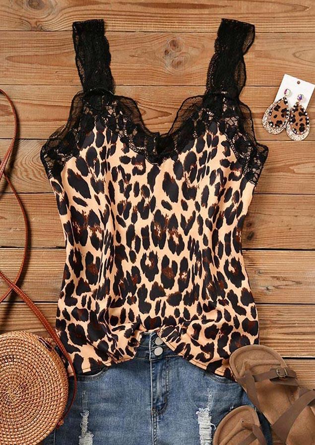 

Tank Tops Leopard Lace Splicing Tank Top in Multicolor. Size