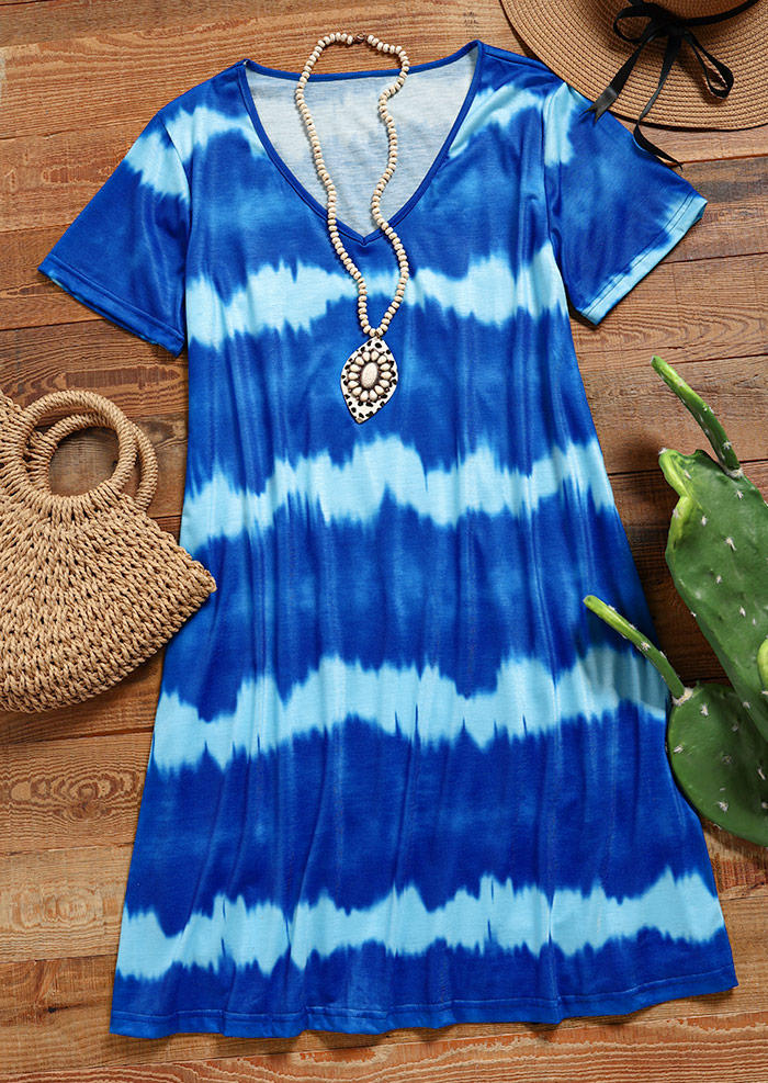 

Mini Dresses Striped Tie Dye V-Neck Mini Dress in Blue. Size