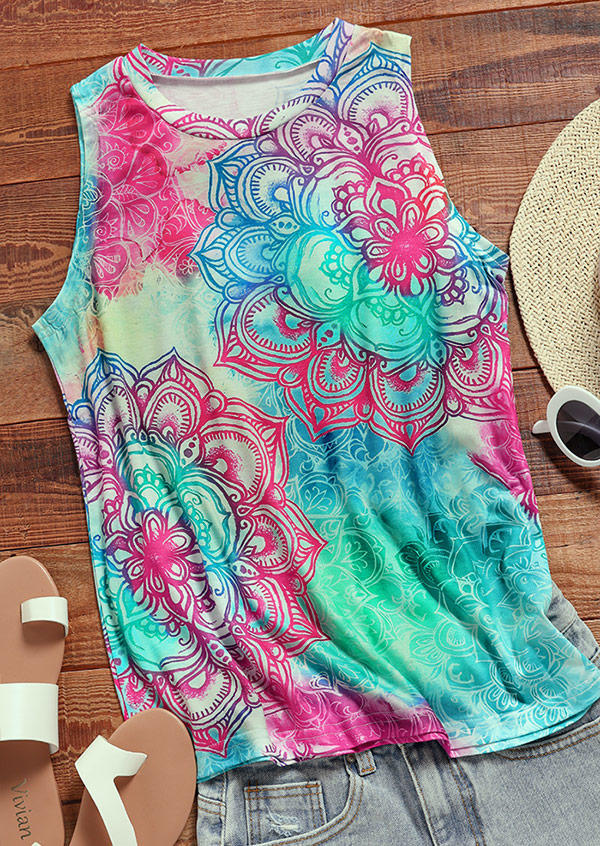 

Tank Tops Gradient Ethnic Floral O-Neck Casual Tank Top in Multicolor. Size