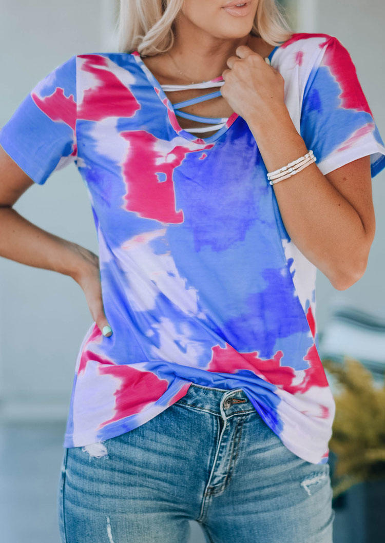 Blouses Tie Dye Hollow Out Short Sleeve Blouse in Blue. Size: S