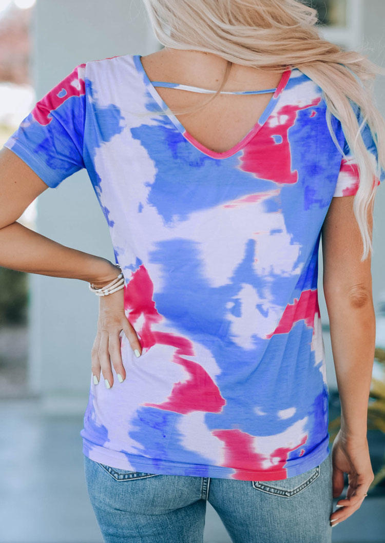 Tie Dye Hollow Out Short Sleeve Blouse - Blue