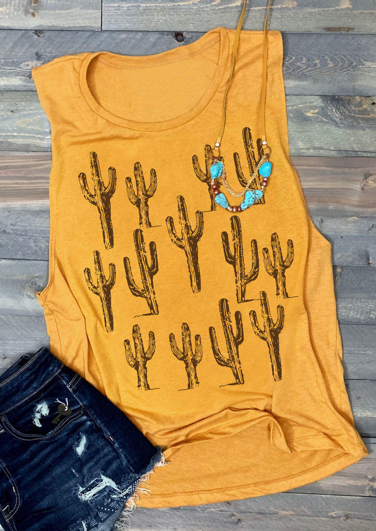 Tank Tops Cactus O-Neck Casual Tank Top in Yellow. Size: L,M