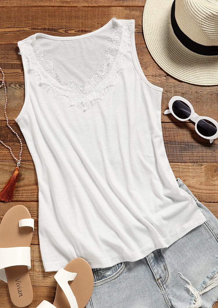 Tank Tops Lace Splicing Casual Tank Top in White. Size: M