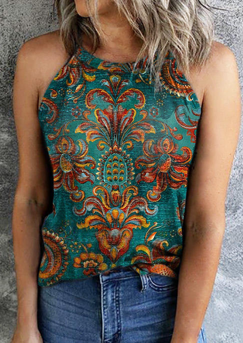 

Tank Tops Ethnic Floral O-Neck Camisole - Dark Green in Green. Size