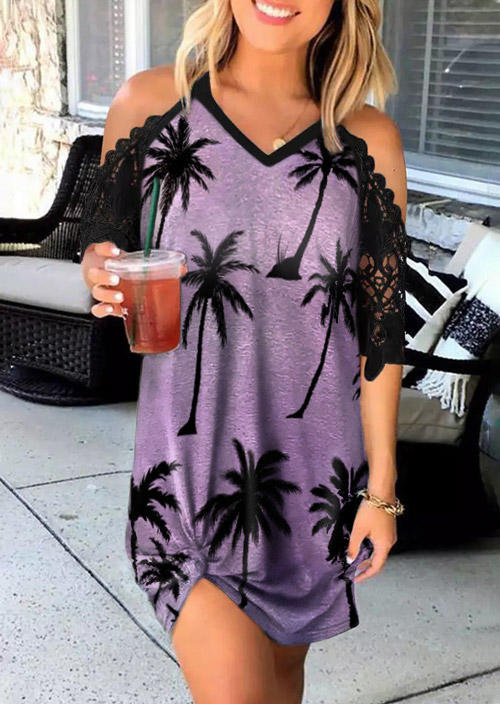 

Mini Dresses Coconut Tree Lace Splicing Cold Shoulder Mini Dress in Purple. Size: ,M,L,XL