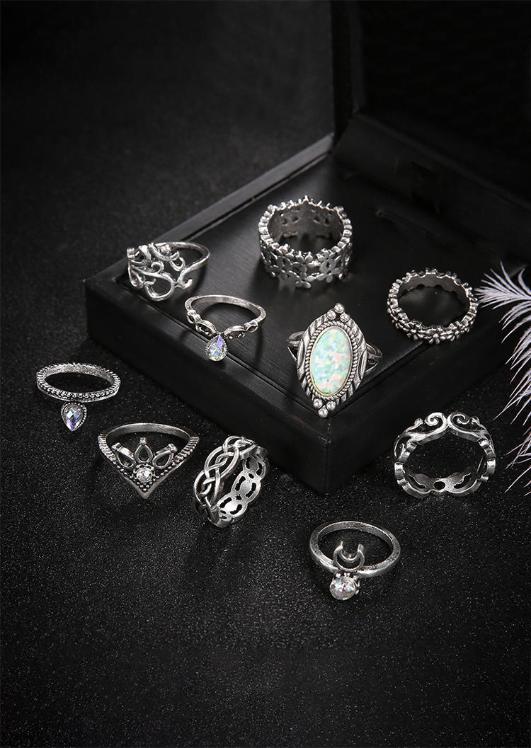 Rings 10Pcs Floral Moon Hollow Out Ring Set in Multicolor. Size: One Size