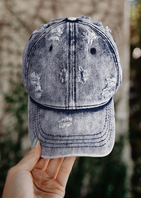 Hats Ripped Hole Denim Baseball Cap in Blue. Size: One Size