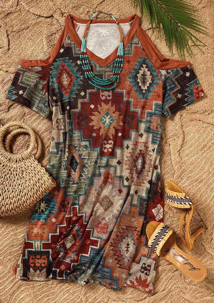 Aztec Geometric Cold Shoulder Mini Dress