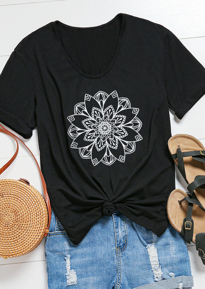 Mandala Floral O-Neck T-Shirt Tee - Black
