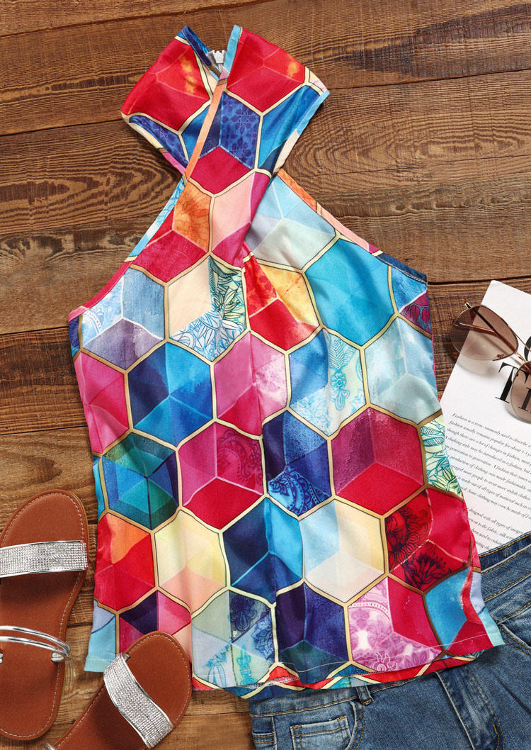 

Tank Tops Geometric Criss-Cross Zipper Tank Top in Multicolor. Size