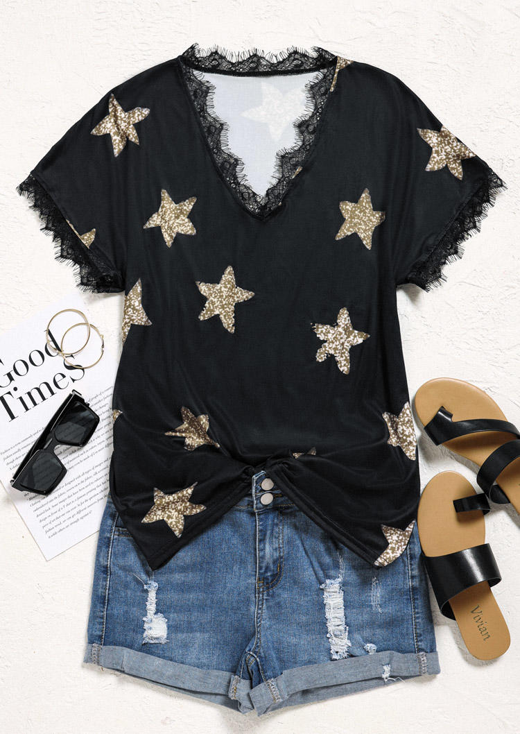 

Blouses Glitter Star Lace Splicing V-Neck Blouse in Black. Size