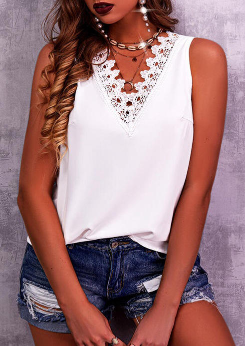 Tank Tops Lace Splicing V-Neck Casual Tank Top in White. Size: S