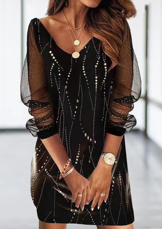 

Mini Dresses Mesh Splicing Glitter V-Neck Mini Dress in Black. Size