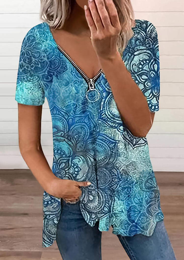 

Blouses Ethnic Floral Zipper Collar Short Sleeve Blouse in Multicolor. Size: ,M,L,XL