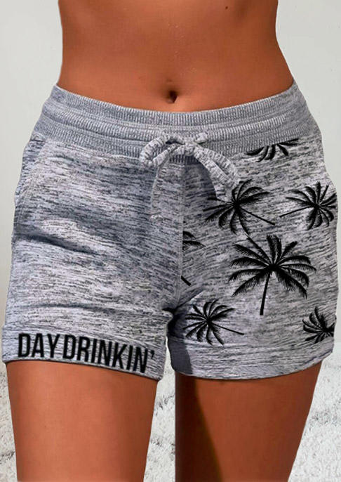 Day Drinkin' Coconut Tree Pocket Drawstring Shorts - Light Grey