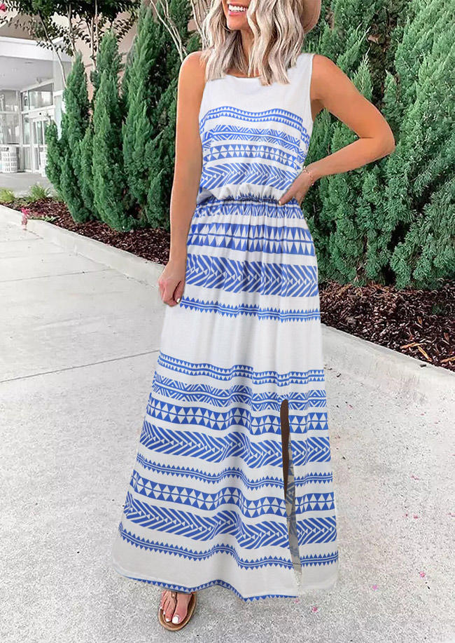 

Maxi Dresses Geometric Slit O-Neck Maxi Dress - Sky Blue in Blue. Size