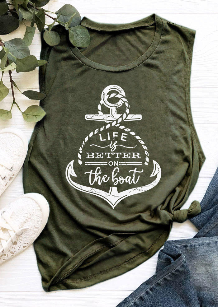 Tank Tops Life Is Better On The Boat O-Neck Tank Top - Army Green in Green. Size: L,M,XL