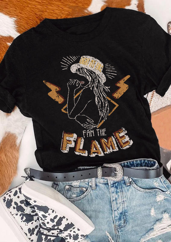 T-shirts Tees Fan The Flame O-Neck T-Shirt Tee in Black. Size: L