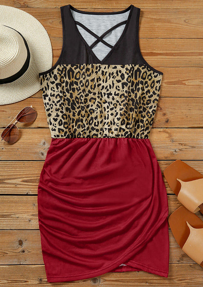 

Mini Dresses Leopard Color Block Criss-Cross Ruffled Mini Dress in Multicolor. Size: L,M