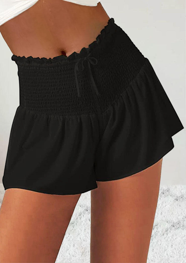 Smocked Drawstring High Waist Shorts - Black