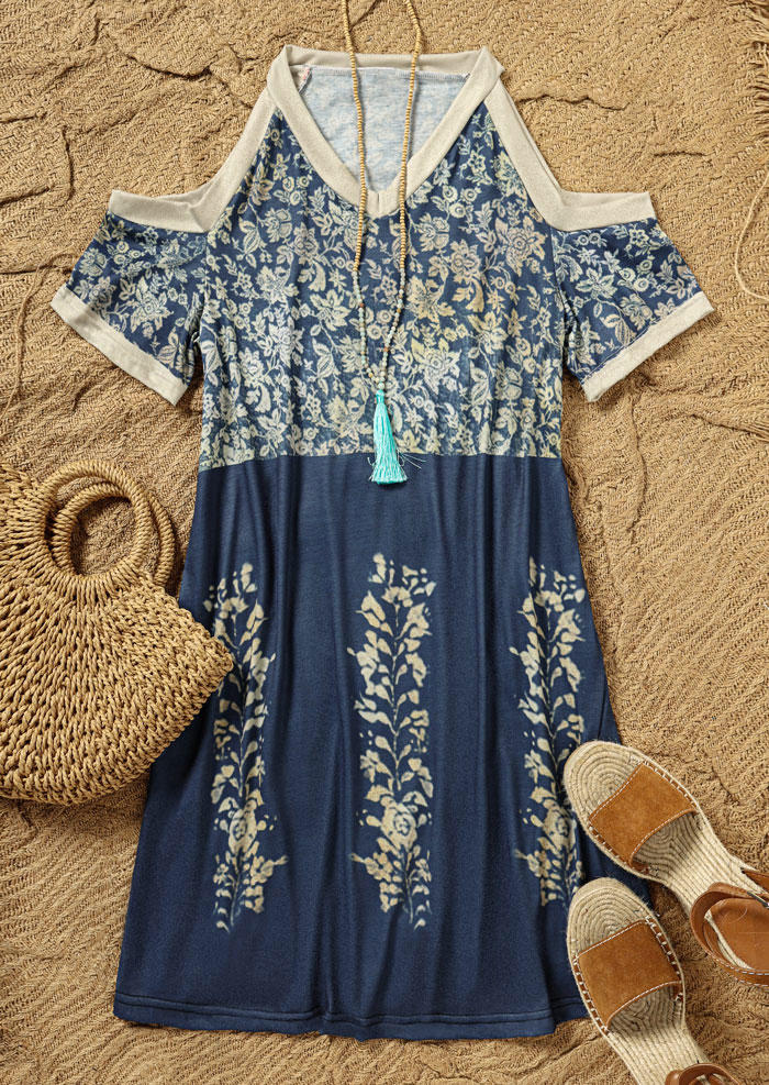 

Mini Dresses Floral Cold Shoulder V-Neck Mini Dress in Blue. Size
