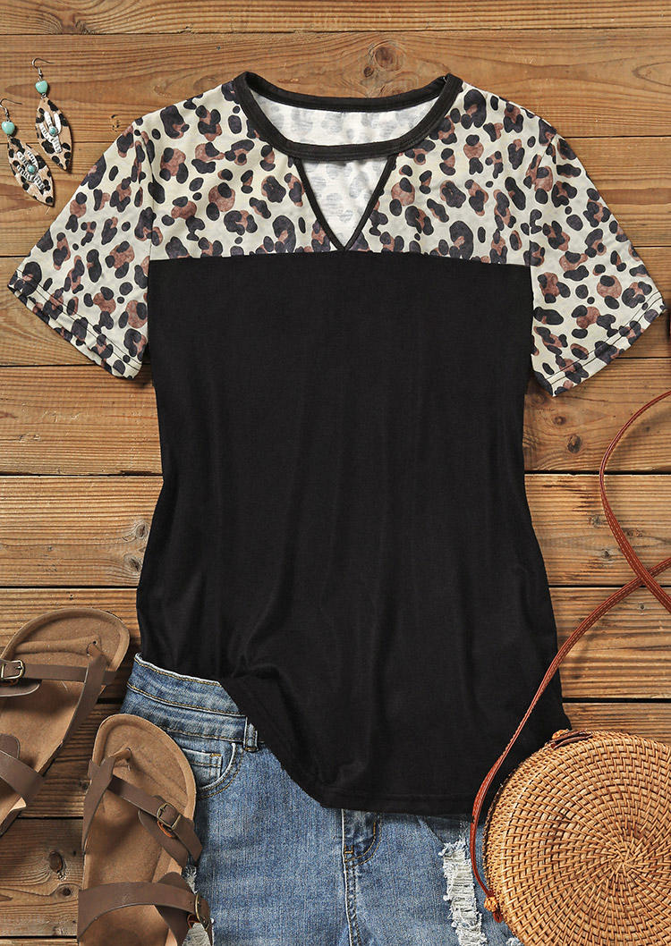 Leopard Hollow Out Short Sleeve Blouse