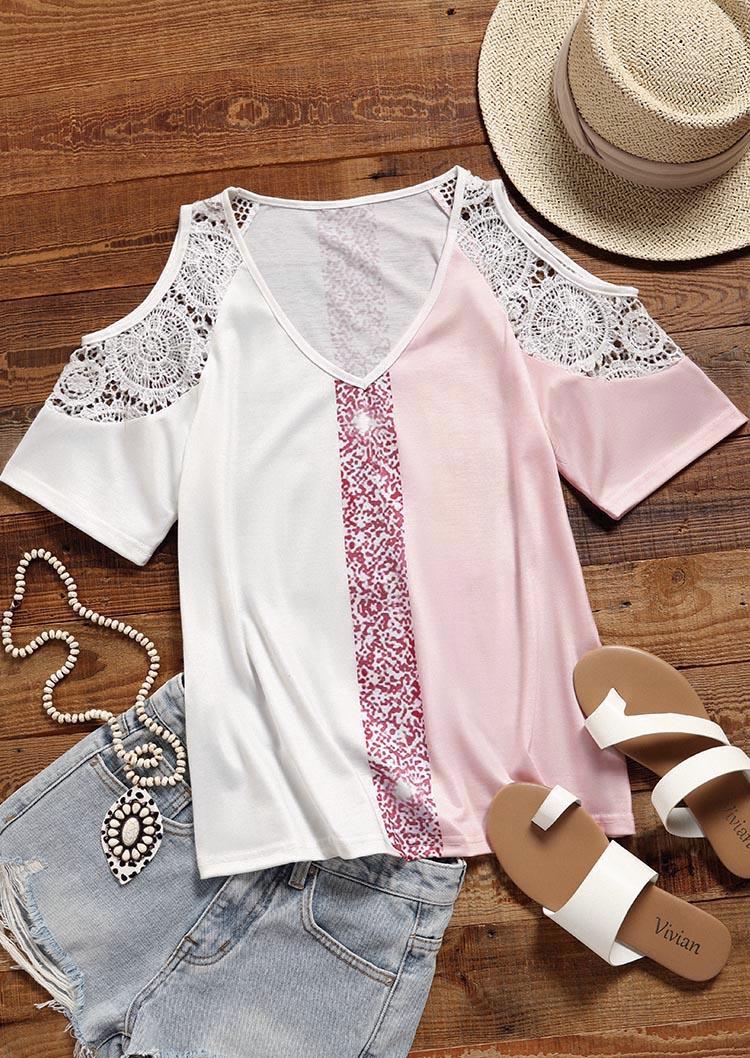 

Blouses Lace Splicing Glitter Color Block Cold Shoulder Blouse in Multicolor. Size: ,M,L,XL