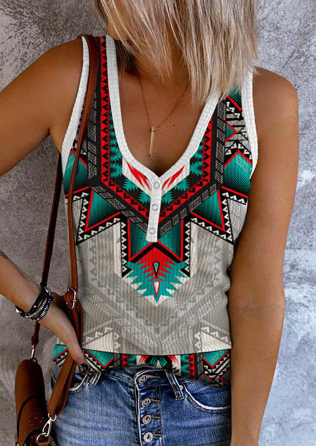

Tank Tops Aztec Geometric Snap Button Casual Tank Top in Multicolor. Size