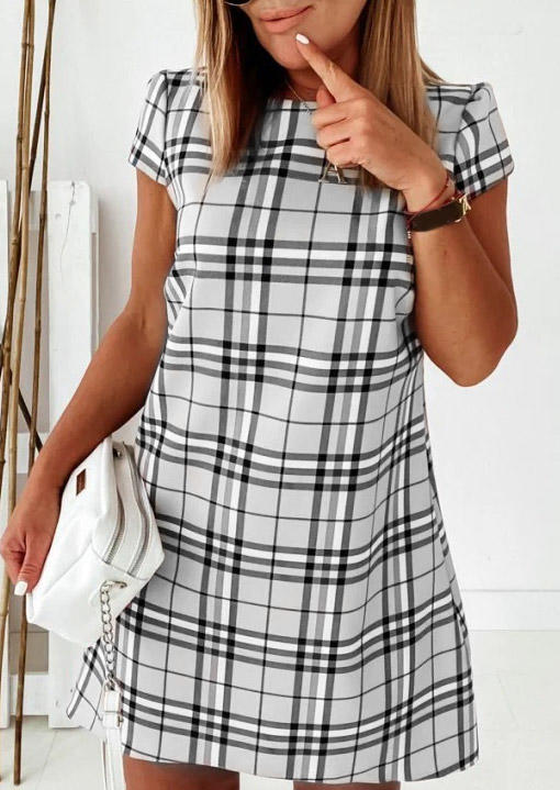 Plaid Short Sleeve O-Neck Mini Dress - Gray SCM002966