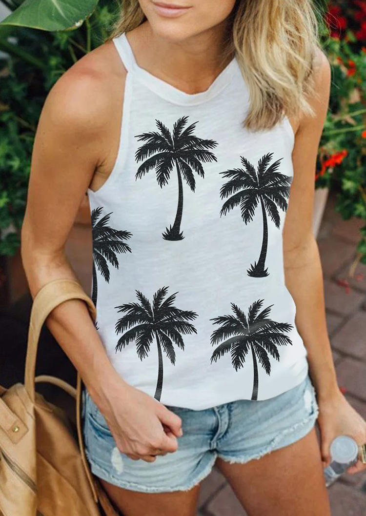 Tank Tops Coconut Tree Casual Tank Top in White. Size: L,M,S,XL