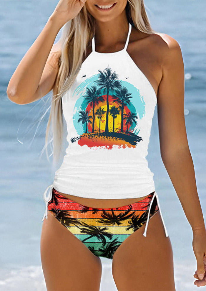 

Tankinis Coconut Tree Sunset Drawstring Halter Tankini Set in White. Size: ,L
