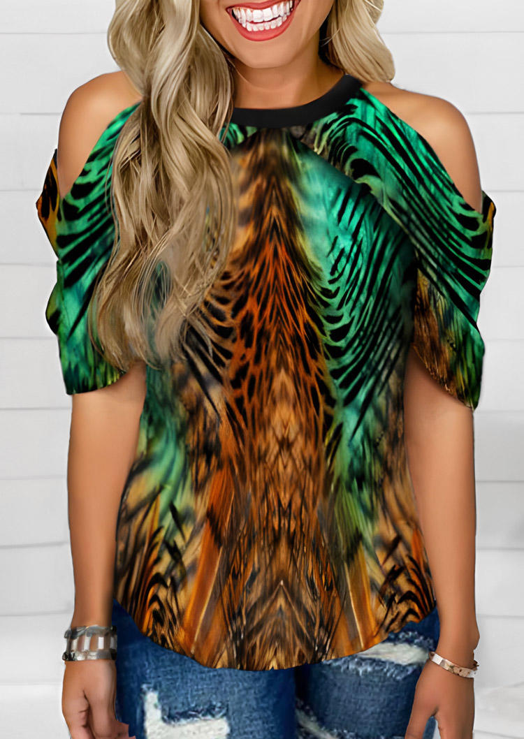 

Blouses Tiger Cold Shoulder O-Neck Blouse in Multicolor. Size: ,M,L,XL