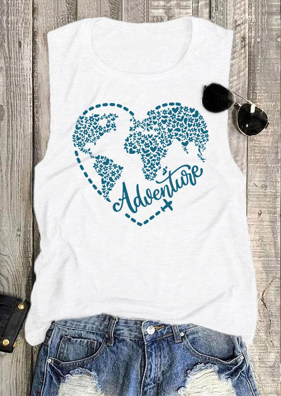 

Tank Tops Adventure Floral Heart O-Neck Tank Top in White. Size