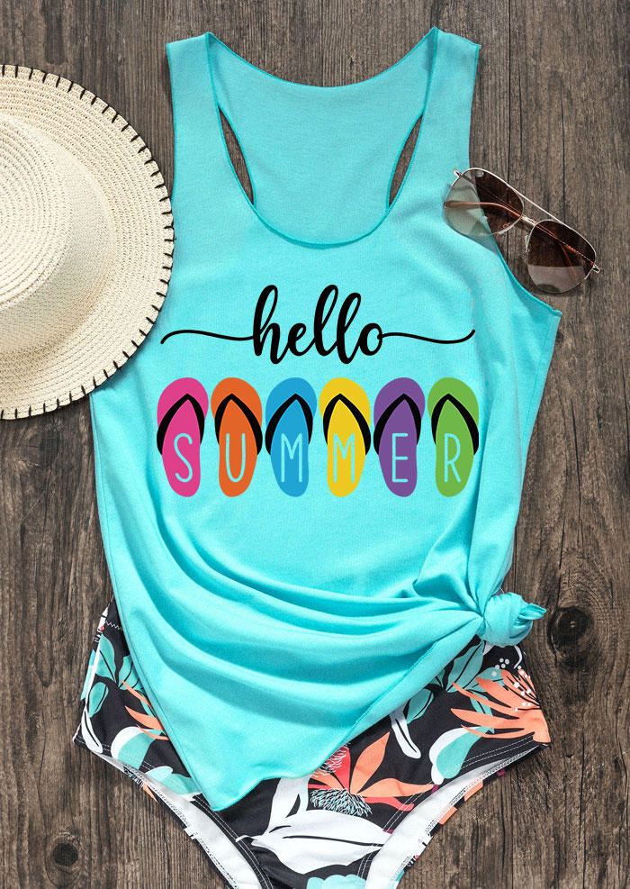 

Tank Tops Hello Summer Slippers Racerback Tank Top - Cyan in Blue. Size