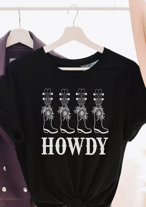 Howdy Guitar O-Neck T-Shirt Tee - Black
