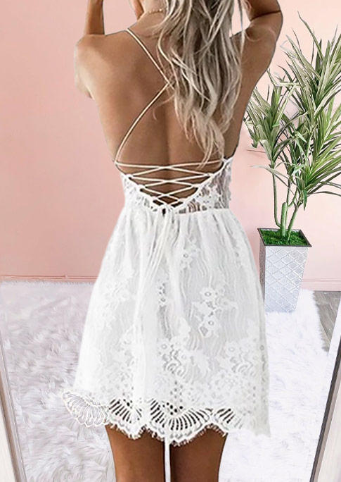 

Mini Dresses Lace Up Open Back Spaghetti Strap Mini Dress in White. Size