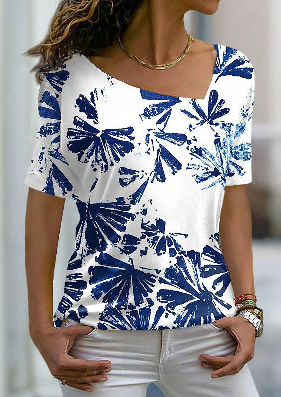

Blouses Leaf Irregular Collar Short Sleeve Blouse in Blue. Size