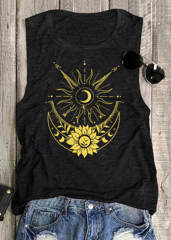 

Tank Tops Sun And Moon Sunflower O-Neck Tank Top in Black. Size