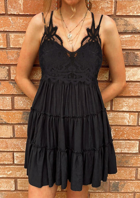 Lace Splicing Ruffled Criss-Cross Mini Dress - Black