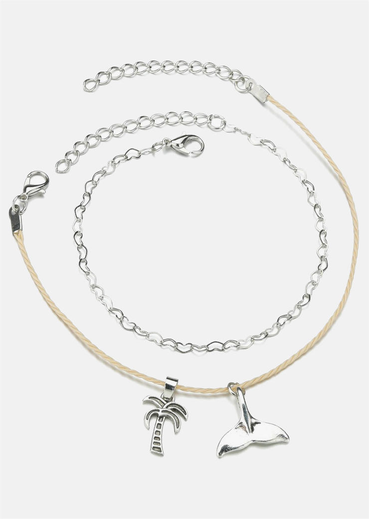 

Body Jewelry 2Pcs Coconut Tree Fish Tail Heart Anklet in Silver. Size