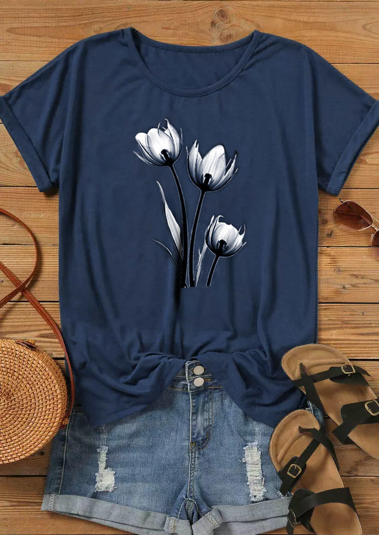 

T-shirts Tees Floral O-Neck Short Sleeve T-Shirt Tee - Navy Blue in Blue. Size