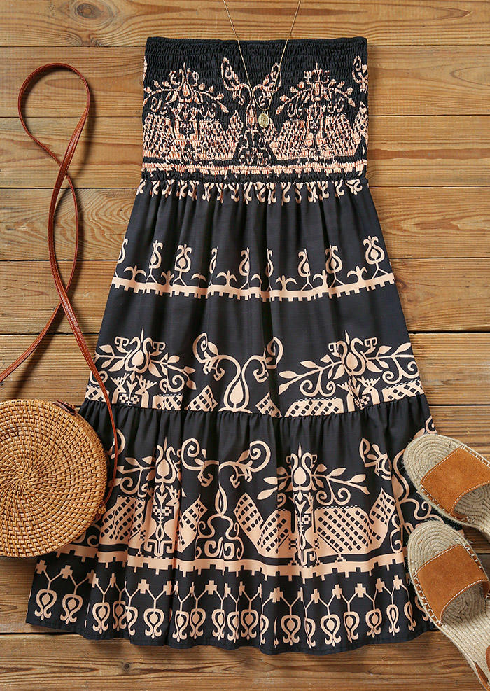 

Mini Dresses Ethnic Ruffled Smocked Bandeau Mini Dress in Black. Size