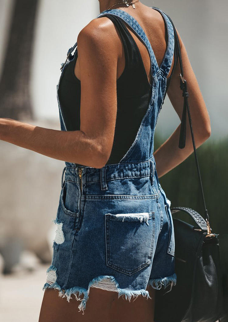 

Jumpsuits & Rompers Pocket Frayed Hem Denim Overall Romper in Blue. Size